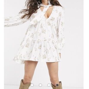 Free People Petit Fours Mini Dress Boho Peasant Flowy Cottage Linen Blend S